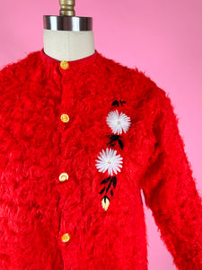 1960s Embroidered Faux Fur Cardigan Sweater