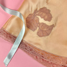 Load image into Gallery viewer, 1930s Deadstock NRA Label Light Peach Silk Satin Step-In w/ Figural Leaf Lace Inserts &amp; Blue Stitching &amp; Ribbon
