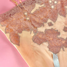 Load image into Gallery viewer, 1930s Deadstock NRA Label Light Peach Silk Satin Step-In w/ Figural Leaf Lace Inserts &amp; Blue Stitching &amp; Ribbon
