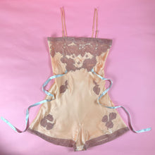 Load image into Gallery viewer, 1930s Deadstock NRA Label Light Peach Silk Satin Step-In w/ Figural Leaf Lace Inserts &amp; Blue Stitching &amp; Ribbon
