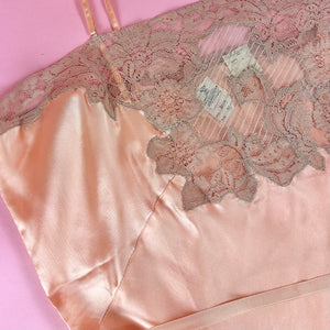 1930s Deadstock NRA Label Peach Silk Satin Step-In w/ Sheer Striped Floral Lace Inserts