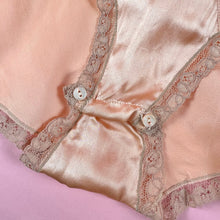 Load image into Gallery viewer, 1930s Deadstock NRA Label Peach Silk Satin Step-In w/ Sheer Striped Floral Lace Inserts
