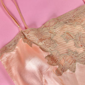 1930s Peach Silk Charmeuse Step-In w/ Sheer Striped Floral Lace Inserts