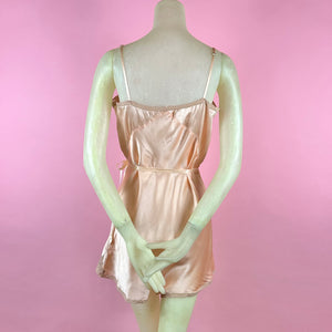 1930s Peach Silk Charmeuse Step-In w/ Sheer Striped Floral Lace Inserts