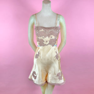 1930s Deadstock NRA Label Light Peach Silk Satin Step-In w/ Figural Leaf Lace Inserts & Blue Stitching & Ribbon