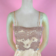 Load image into Gallery viewer, 1930s Deadstock NRA Label Light Peach Silk Satin Step-In w/ Figural Leaf Lace Inserts &amp; Blue Stitching &amp; Ribbon
