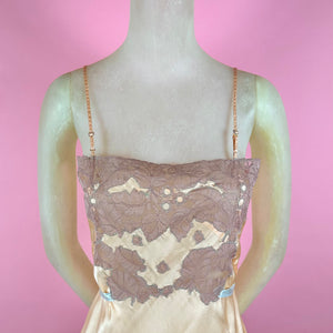 1930s Deadstock NRA Label Light Peach Silk Satin Step-In w/ Figural Leaf Lace Inserts & Blue Stitching & Ribbon