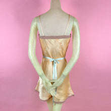 Load image into Gallery viewer, 1930s Deadstock NRA Label Light Peach Silk Satin Step-In w/ Figural Leaf Lace Inserts &amp; Blue Stitching &amp; Ribbon
