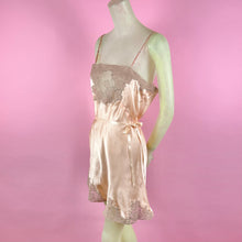 Load image into Gallery viewer, 1930s Deadstock NRA Label Peach Silk Satin Step-In w/ Sheer Striped Floral Lace Inserts
