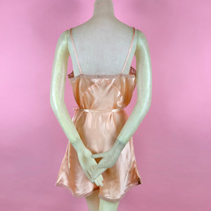 1930s Deadstock NRA Label Peach Silk Satin Step-In w/ Sheer Striped Floral Lace Inserts