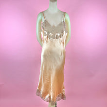 Load image into Gallery viewer, 1930s Deadstock NRA Label Peach Silk Satin Slip Dress w/ Floral Swag Lace Inserts
