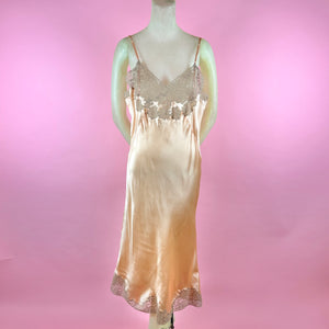 1930s Deadstock NRA Label Peach Silk Satin Slip Dress w/ Floral Swag Lace Inserts