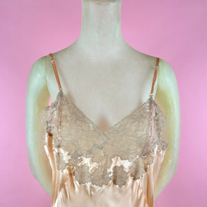 1930s Deadstock NRA Label Peach Silk Satin Slip Dress w/ Floral Swag Lace Inserts