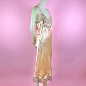 1930s Deadstock NRA Label Peach Silk Satin Slip Dress w/ Floral Swag Lace Inserts