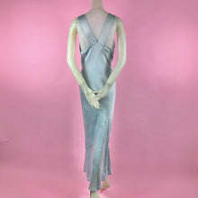 Load image into Gallery viewer, 1930s Icy Blue Silk Charmeuse Nightgown w/ Ruching, Embroidery &amp; Deep V Neck
