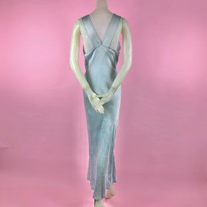 1930s Icy Blue Silk Charmeuse Nightgown w/ Ruching, Embroidery & Deep V Neck