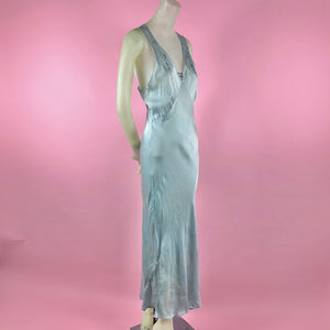 1930s Icy Blue Silk Charmeuse Nightgown w/ Ruching, Embroidery & Deep V Neck