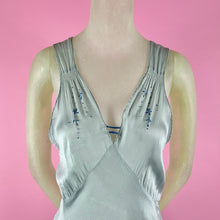 Load image into Gallery viewer, 1930s Icy Blue Silk Charmeuse Nightgown w/ Ruching, Embroidery &amp; Deep V Neck
