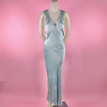 Load image into Gallery viewer, 1930s Icy Blue Silk Charmeuse Nightgown w/ Ruching, Embroidery &amp; Deep V Neck
