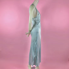 Load image into Gallery viewer, 1930s Icy Blue Silk Charmeuse Nightgown w/ Ruching, Embroidery &amp; Deep V Neck
