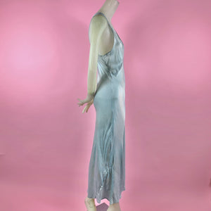 1930s Icy Blue Silk Charmeuse Nightgown w/ Ruching, Embroidery & Deep V Neck