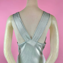 Load image into Gallery viewer, 1930s Icy Blue Silk Charmeuse Nightgown w/ Ruching, Embroidery &amp; Deep V Neck
