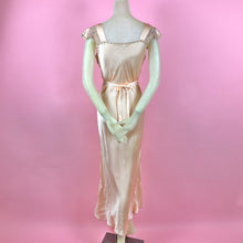 Load image into Gallery viewer, 1930s Peach Silk Charmeuse Slip Dress w/ Intricate Lace on Pink Net Inserts
