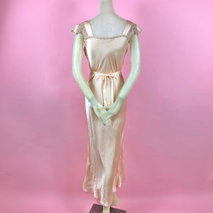 1930s Peach Silk Charmeuse Slip Dress w/ Intricate Lace on Pink Net Inserts