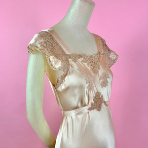 1930s Peach Silk Charmeuse Slip Dress w/ Intricate Lace on Pink Net Inserts