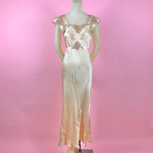 Load image into Gallery viewer, 1930s Peach Silk Charmeuse Slip Dress w/ Intricate Lace on Pink Net Inserts
