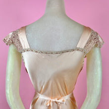 Load image into Gallery viewer, 1930s Peach Silk Charmeuse Slip Dress w/ Intricate Lace on Pink Net Inserts
