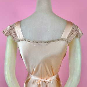 1930s Peach Silk Charmeuse Slip Dress w/ Intricate Lace on Pink Net Inserts