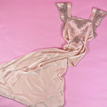 Load image into Gallery viewer, 1930s Peach Silk Charmeuse Slip Dress w/ Intricate Lace on Pink Net Inserts
