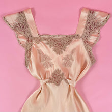 Load image into Gallery viewer, 1930s Peach Silk Charmeuse Slip Dress w/ Intricate Lace on Pink Net Inserts
