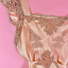 Load image into Gallery viewer, 1930s Peach Silk Charmeuse Slip Dress w/ Intricate Lace on Pink Net Inserts
