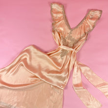 Load image into Gallery viewer, 1930s Peach Silk Charmeuse Slip Dress w/ Lace Inserts &amp; Ruffled Neckline
