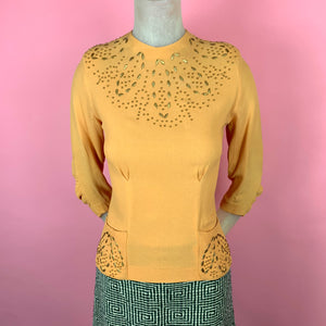 1940s Mustard Rayon Crepe Leaf Studded Blouse