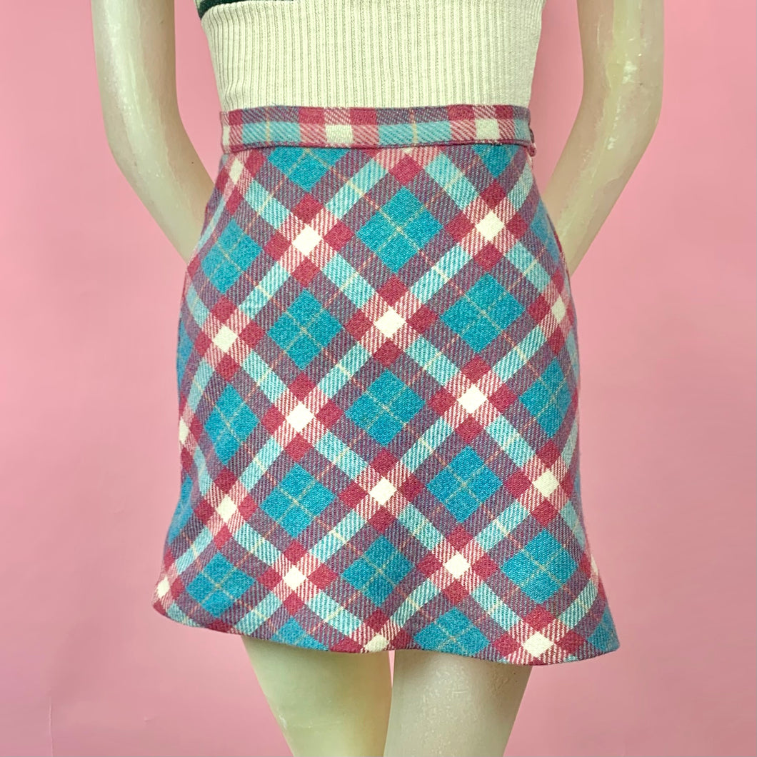 1960s Teal Raspberry Plaid Wool Mini Skirt Moonbaby Vintage