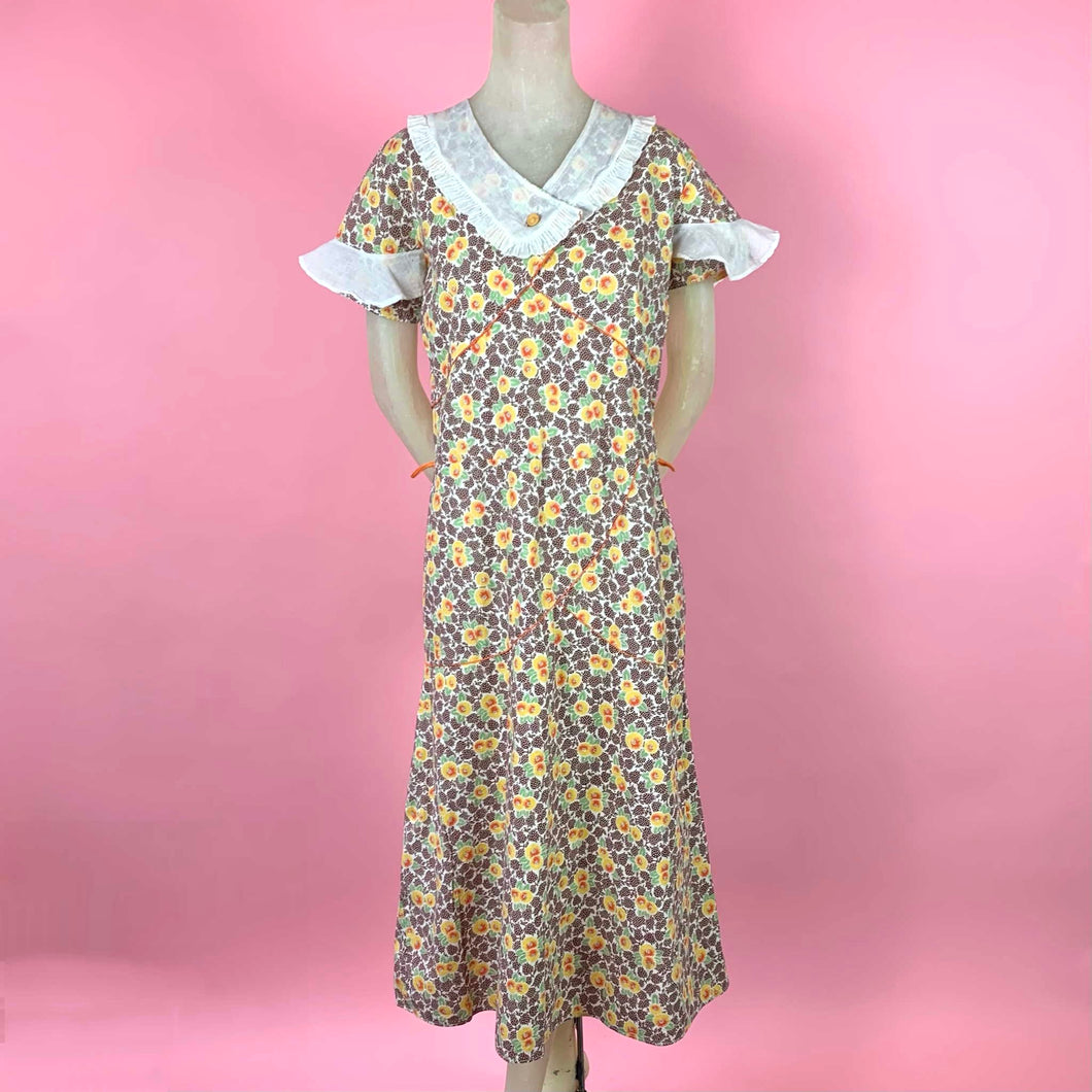 1930s Deco Printed House Dress w/ Ruffled Collar & Sleeves – Moonbaby Vintage