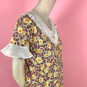 1930s Deco Printed House Dress w/ Ruffled Collar & Sleeves