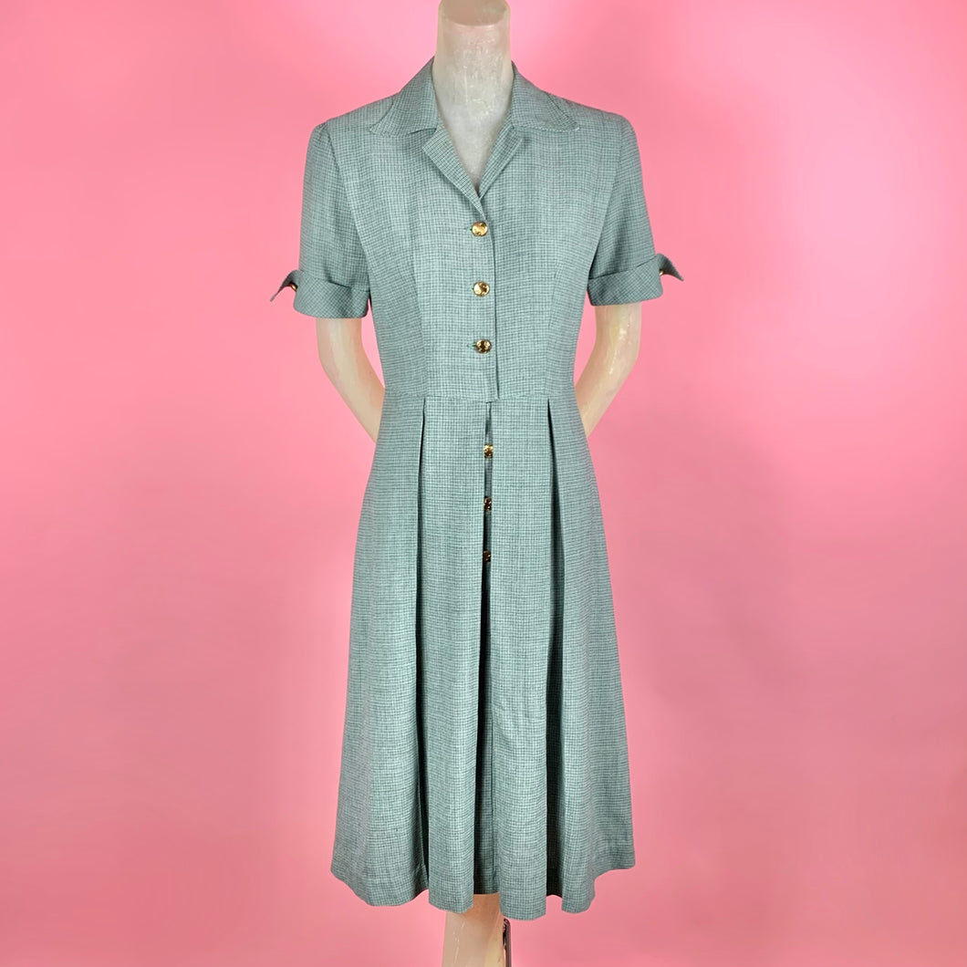 1940s Blue Green Houndstooth Dress w/ Art Nouveau Buttons