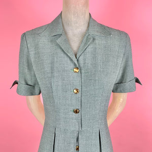 1940s Blue Green Houndstooth Dress w/ Art Nouveau Buttons