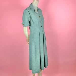 1940s Blue Green Houndstooth Dress w/ Art Nouveau Buttons