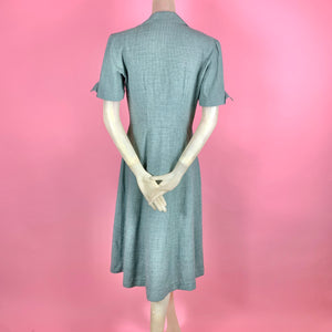 1940s Blue Green Houndstooth Dress w/ Art Nouveau Buttons