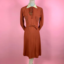 Load image into Gallery viewer, 1930s Rust Rayon Crepe Dress w/ baubles &amp; soutache
