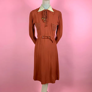 1930s Rust Rayon Crepe Dress w/ baubles & soutache