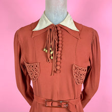 Load image into Gallery viewer, 1930s Rust Rayon Crepe Dress w/ baubles &amp; soutache
