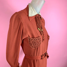 Load image into Gallery viewer, 1930s Rust Rayon Crepe Dress w/ baubles &amp; soutache
