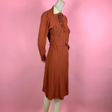 Load image into Gallery viewer, 1930s Rust Rayon Crepe Dress w/ baubles &amp; soutache
