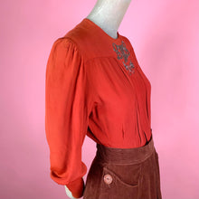 Load image into Gallery viewer, 1940s Beaded Monogram Tomato Red Pleated Blouse
